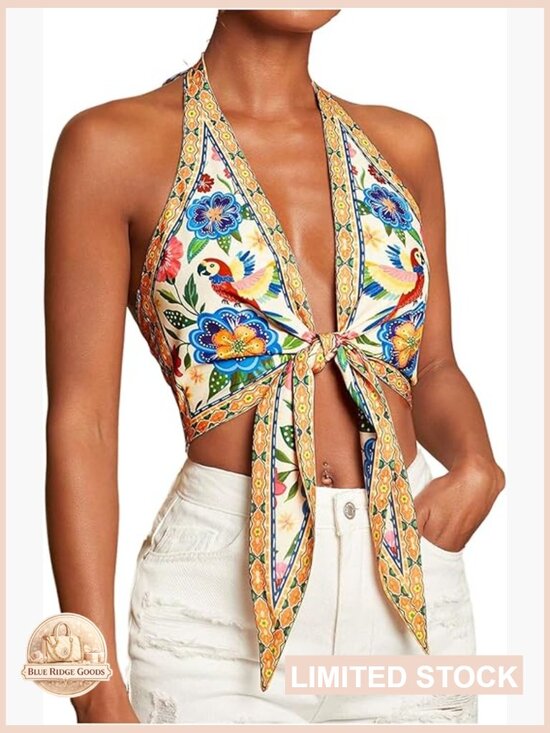 Tops - Sleeveless Halter Crop Top with Tie Front Backless Beach Vacation Top